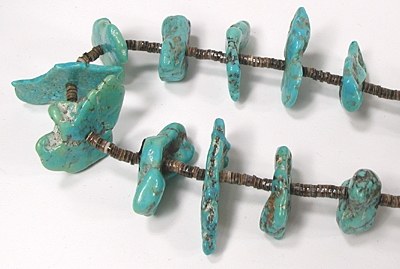 Vintage turquoise nugget necklace with olive shell heishi adjustable 26 to 36 inches