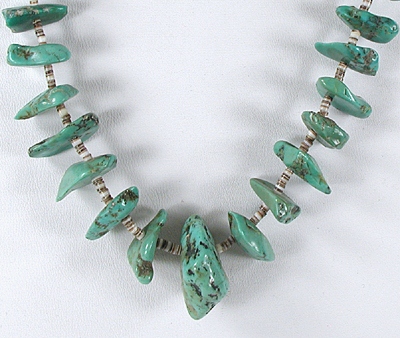 Vintage turquoise necklace with olive shell heishi 30 inches