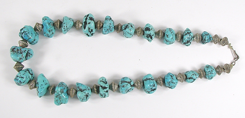 turquoise Nugget Choker with sterling silver fluted beads 17 1/2 inches