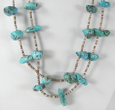 vintage NOS turquoise Nugget Necklace 32 1/2 inches with olive shell heishi