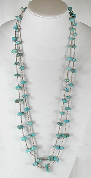 vintage NOS turquoise Nugget Necklace 32 1/2 inches with olive shell heishi