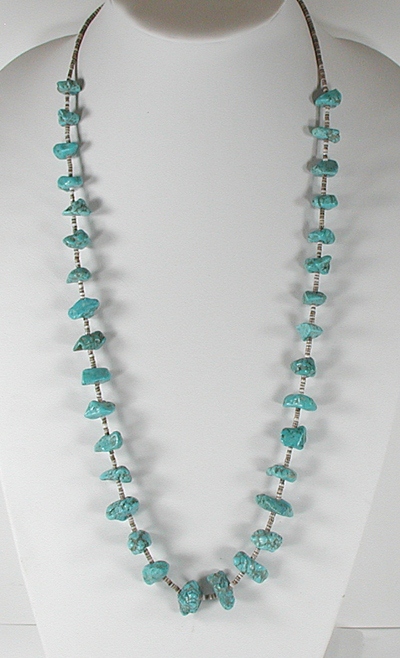 vintage NOS turquoise Nugget Necklace 30 1/2 inches with olive shell heishi