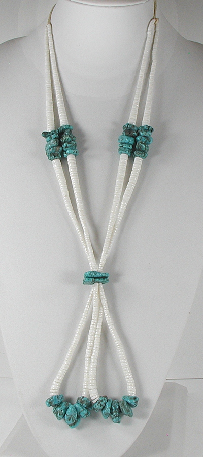 vintage NOS 2-Strand white clam shell and turquoise jacla-style necklace 27 inches