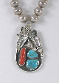 Authentic Native American Vintage sterling silver bead necklace and turquoise and coral pendant by Navajo artist Alvin Yazzie