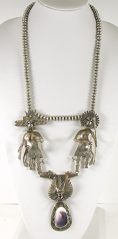 Authentic Native American sterling silver kachina and stamped bead necklace by Navajo artist Benson Ration