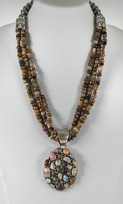 Authentic Native American sterling silver and gemstone bead necklace with cluster pendant by Navajo artists Lester Jackson and Charlie John