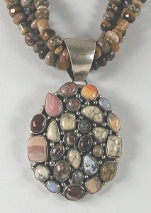 Authentic Native American sterling silver and gemstone bead necklace with cluster pendant by Navajo artists Lester Jackson and Charlie John