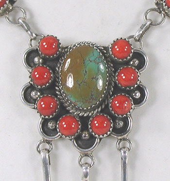 Authentic Native American sterling silver, turquoise and coral dangle necklace necklace adjustable to 20 inches by Navajo artist Thomas Yazzie