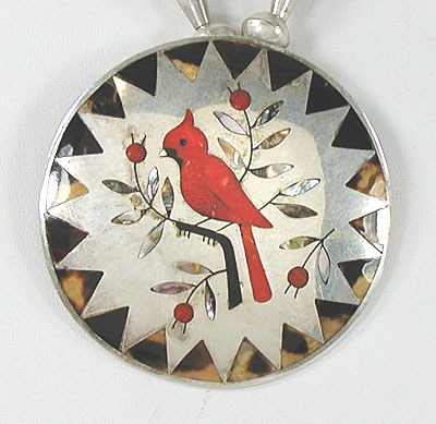 Authentic Native American  sterling silver and Inlay Cardinal necklacet  by Zuni artists Ester and Sammy Guardian
