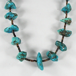vintage blue turquoise nugget necklace 28 inches long with pen shell heishi