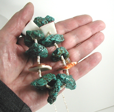 vintage turquoise nugget and orange spiny oyster  necklace 27 1/2 inches long with white clam shell heishi
