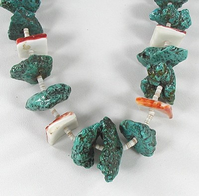 vintage turquoise nugget and orange spiny oyster  necklace 27 1/2 inches long with white clam shell heishi