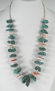 vintage turquoise nugget and orange spiny oyster  necklace 27 1/2 inches long with white clam shell heishi