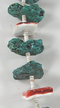 vintage turquoise nugget and orange spiny oyster  necklace 27 1/2 inches long with white clam shell heishi