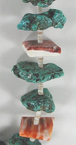 vintage turquoise nugget and orange spiny oyster  necklace 27 1/2 inches long with white clam shell heishi