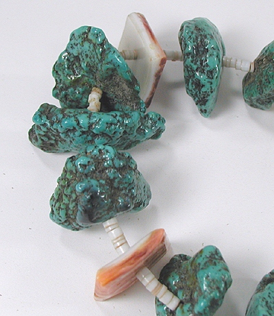 vintage turquoise nugget and orange spiny oyster  necklace 27 1/2 inches long with white clam shell heishi
