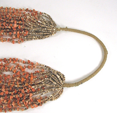 vintage coral  twenty strand necklace 30 inches long with olive shell heishi and hidden bears