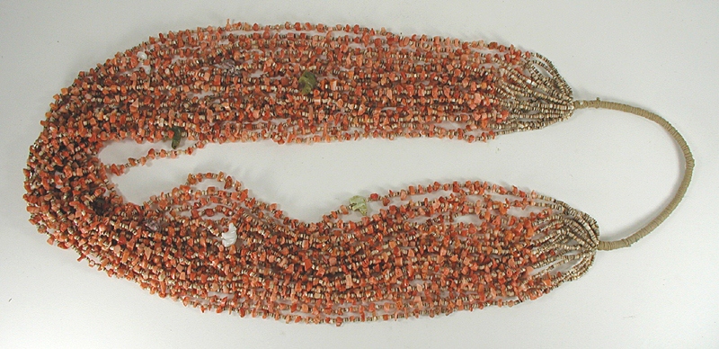 vintage coral  twenty strand necklace 30 inches long with olive shell heishi and hidden bears