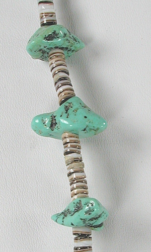 turquoise and olive shell heishi necklace 27 inches long