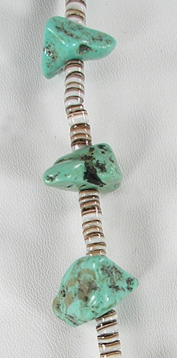 turquoise and olive shell heishi necklace 27 inches long