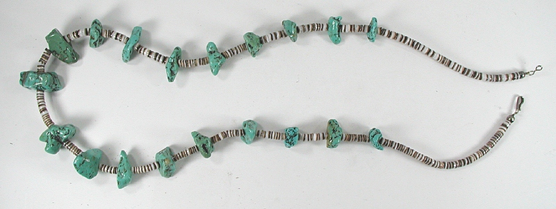 turquoise and olive shell heishi necklace 27 inches long