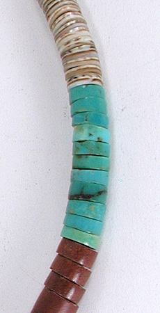 Turquoise, Pipestone, Olive Shell,Pen Shell Heishi Necklace 17 inch
