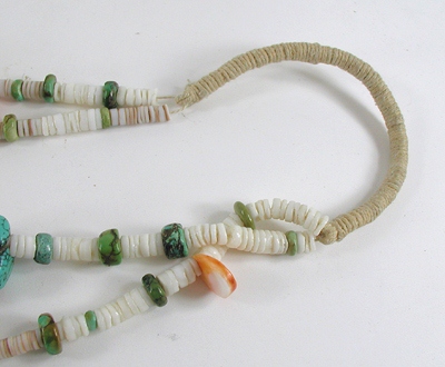 new old stock turquoise nugget and orange spiny oyster  tab necklace 29 inches long with white clam shell heishi