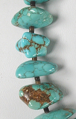 vintage turquoise nugget choker necklace 16 1/2 inches long with pen shell heishi and turquoise dangle