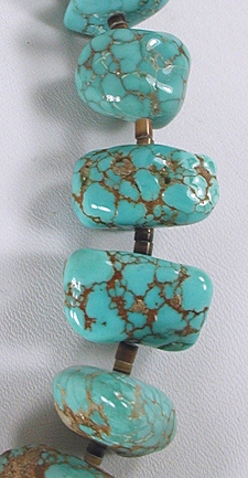 vintage turquoise nugget choker necklace 16 1/2 inches long with pen shell heishi and turquoise dangle