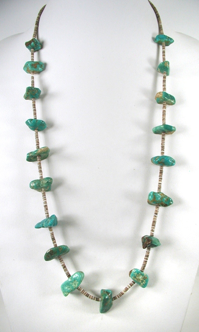 vintage turquoise nugget and olive shell heishi necklace 30 1/2 inches long
