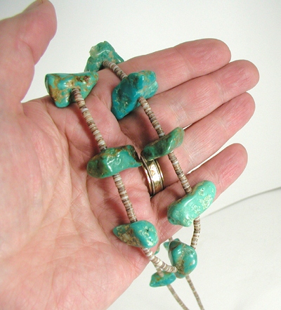 vintage turquoise nugget and olive shell heishi necklace 30 1/2 inches long
 