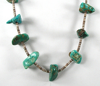 vintage turquoise nugget and olive shell heishi necklace 30 1/2 inches long