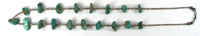 vintage turquoise nugget and olive shell heishi necklace 30 1/2 inches long