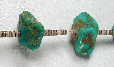 vintage turquoise nugget and olive shell heishi necklace 30 1/2 inches long
 