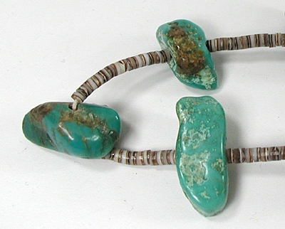 vintage turquoise nugget and olive shell heishi necklace 30 1/2 inches long
 