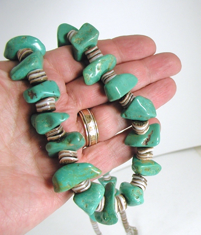 vintage turquoise nugget and olive shell heishi necklace 32 inches long
 