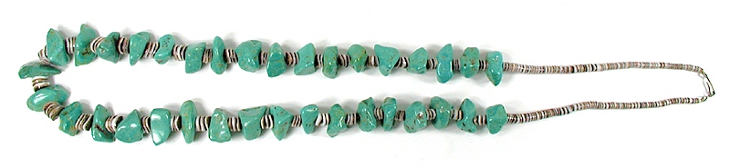 vintage turquoise nugget and olive shell heishi necklace 32 inches long