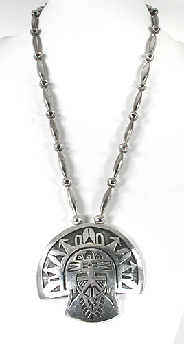 Authentic Native American sterling silver overlay kachina on bead necklace by Hopi artisan Larry Polivema