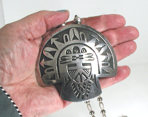 Authentic Native American sterling silver overlay kachina on bead necklace by Hopi artisan Larry Polivema