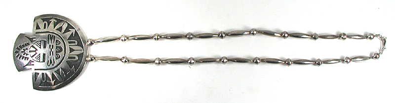 Authentic Native American sterling silver overlay kachina on bead necklace by Hopi artisan Larry Polivema