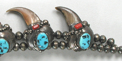 Authentic Native American sterling silver bear claw necklace with turquoise and coral 24 inch by Navajo artisan Elaine Sam