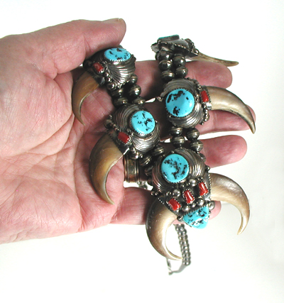 Authentic Native American sterling silver bear claw necklace with turquoise and coral 24 inch by Navajo artisan Elaine Sam