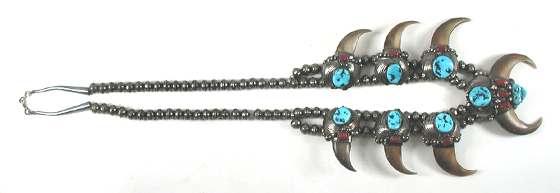 Authentic Native American sterling silver bear claw necklace with turquoise and coral 24 inch by Navajo artisan Elaine Sam