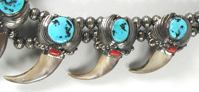 Authentic Native American sterling silver bear claw necklace with turquoise and coral 24 inch by Navajo artisan Elaine Sam