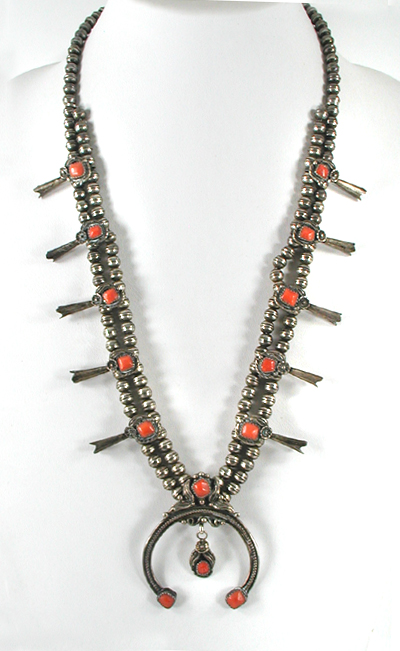 sterling silver and Coral squash blossom necklace 24 inch