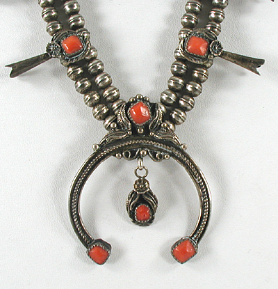 sterling silver and Coral squash blossom necklace 24 inch