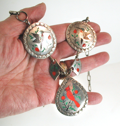 Authentic Native American sterling silver  Inlay Bird Necklace with turquoise and coral 24 inch by Navajo artisan Raymond Boyd