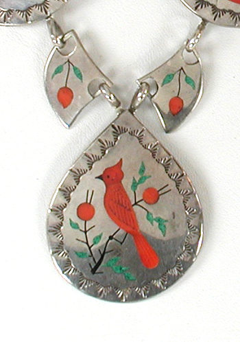 Authentic Native American sterling silver  Inlay Bird Necklace with turquoise and coral 24 inch by Navajo artisan Raymond Boyd