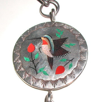 Authentic Native American sterling silver  Inlay Bird Necklace with turquoise and coral 24 inch by Navajo artisan Raymond Boyd