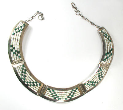 vintage sterling silver, mother of pearl and malachite collar 